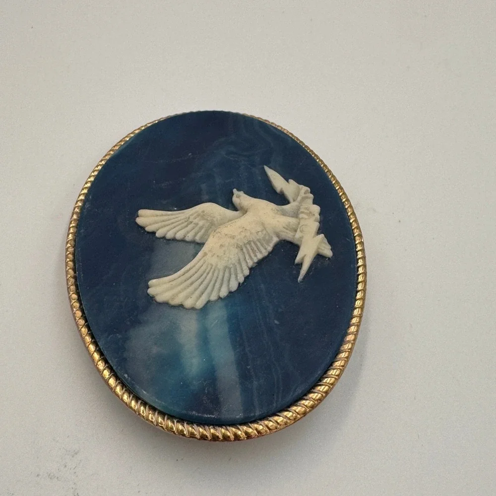 Incolay‎ Stone Eagle Belt Buckle Blue White Marbled Handcrafted USA Vintage Oval